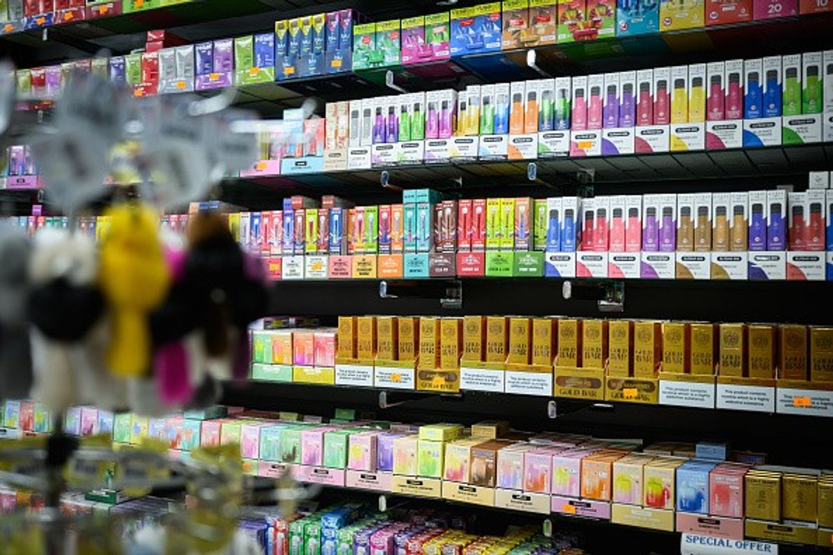 A selection of brightly packaged disposable vapes is displayed in a convenience store, as the upcoming ban takes effect on June 1.