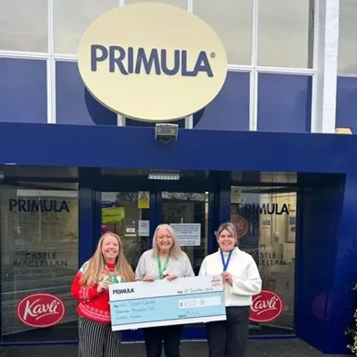 Alan Shearer residential home manager Sarah Croft and disability lead Jackie Dunn received the cheque at the Primula factory in Gateshead 