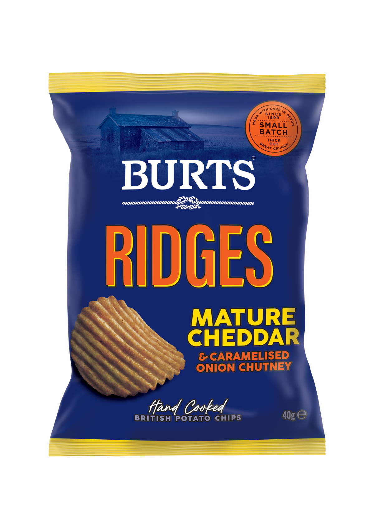 Burts Cheddar and Caramelised Onion Chutney ridges crisp pack with new design