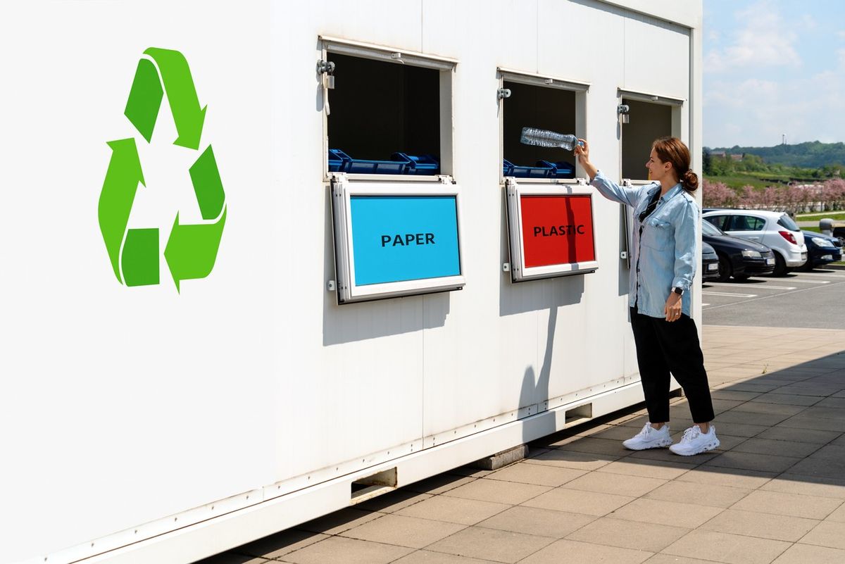 Business waste separation bins for food, paper, and dry recycling