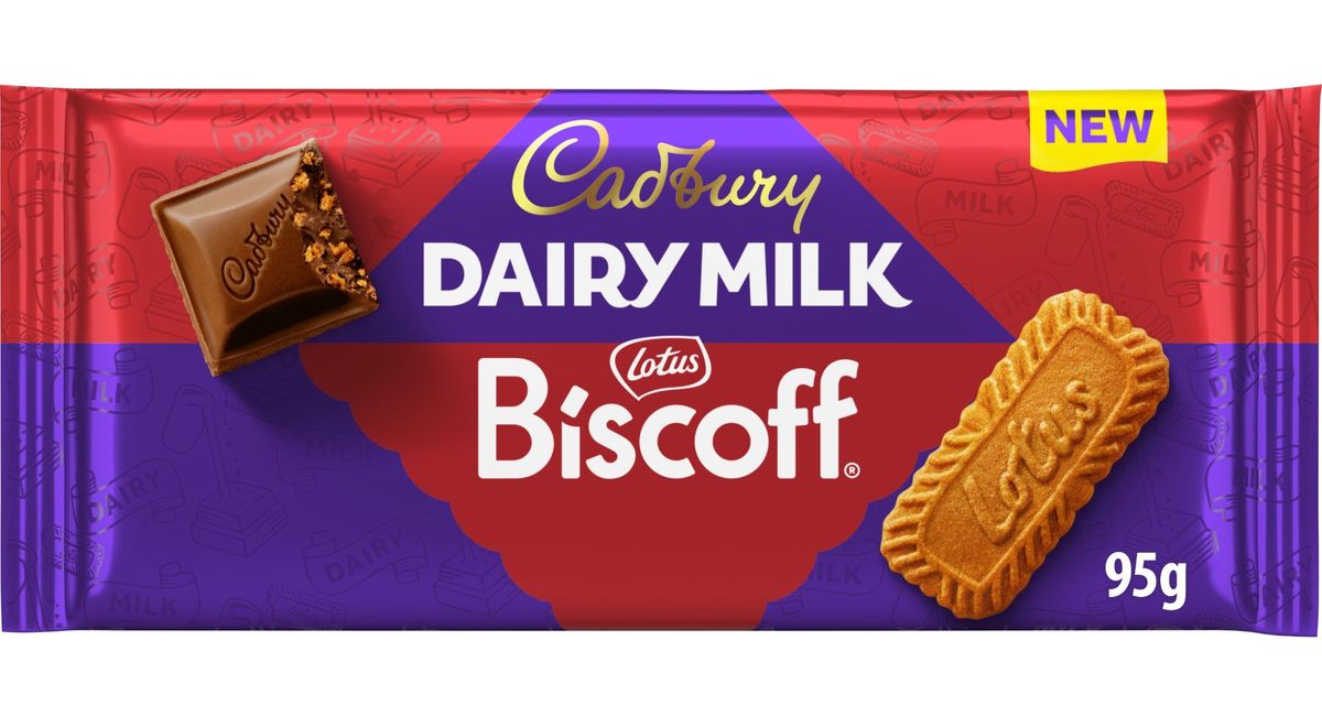 Cadbury Dairy Milk Biscoff chocolate bar with purple and red branding