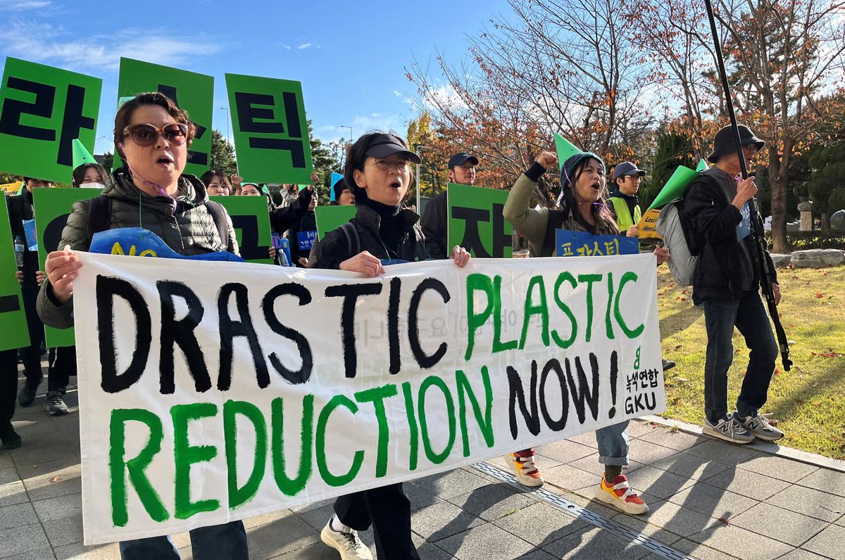 ​Climate activists march on a street