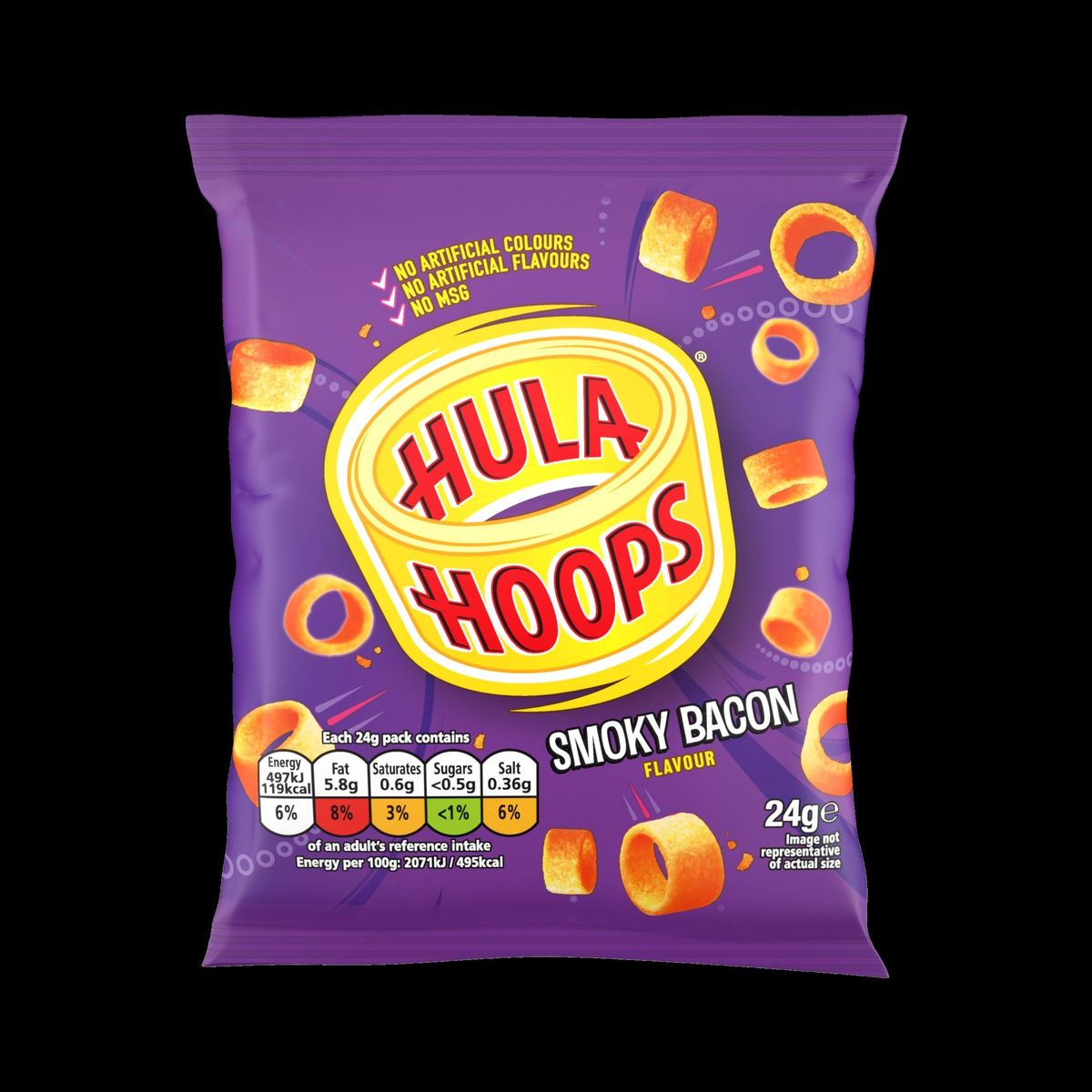 Hula Hoops Smoky Bacon 6x24g multipack on display with reduced plastic sleeve at UK supermarket