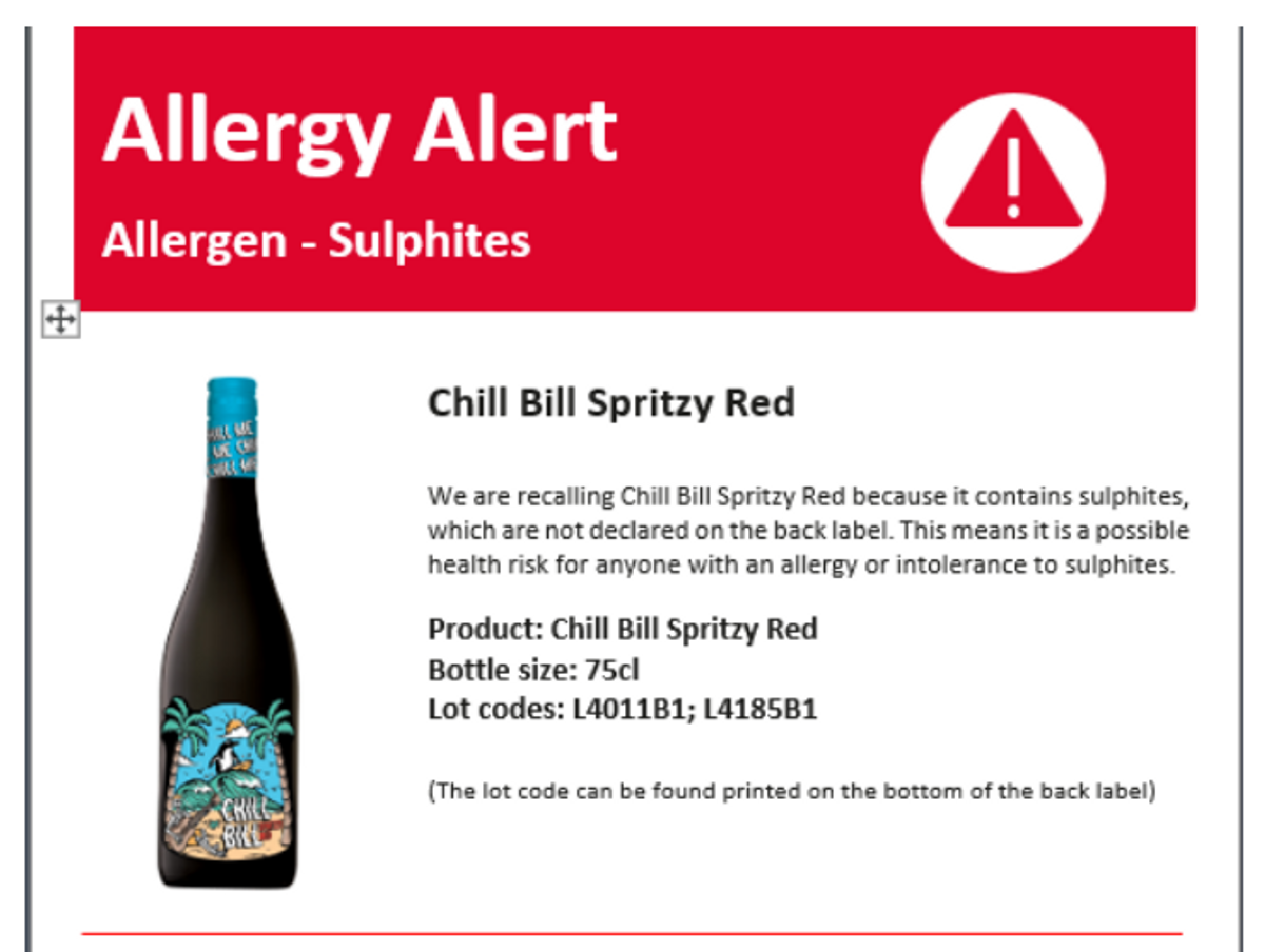 North South Wines recalls Chill Bill Spritzy Red Wine