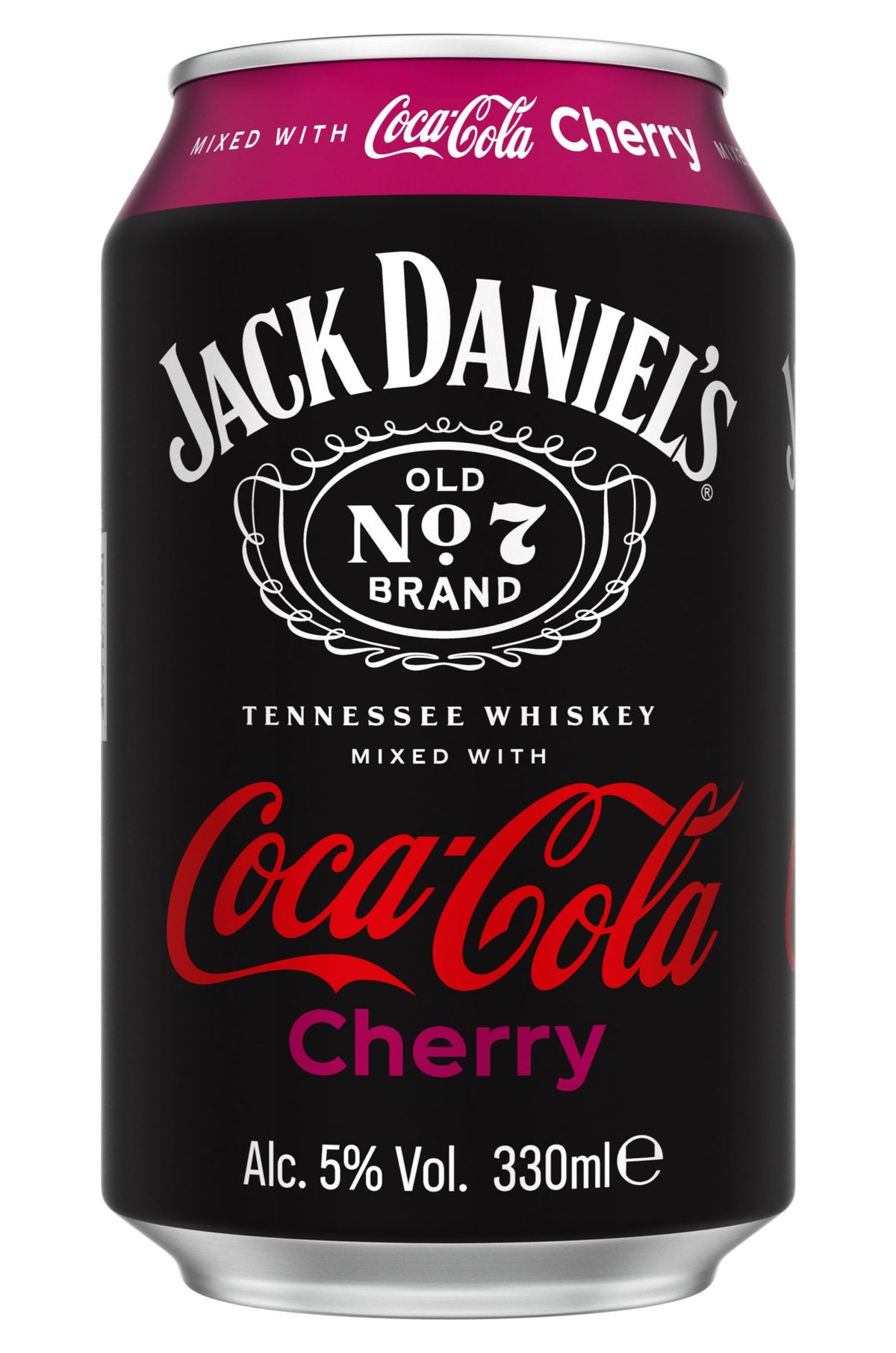 Jack Daniel's and Coca-Cola Cherry RTD with a purple stripe and "Cherry" label.