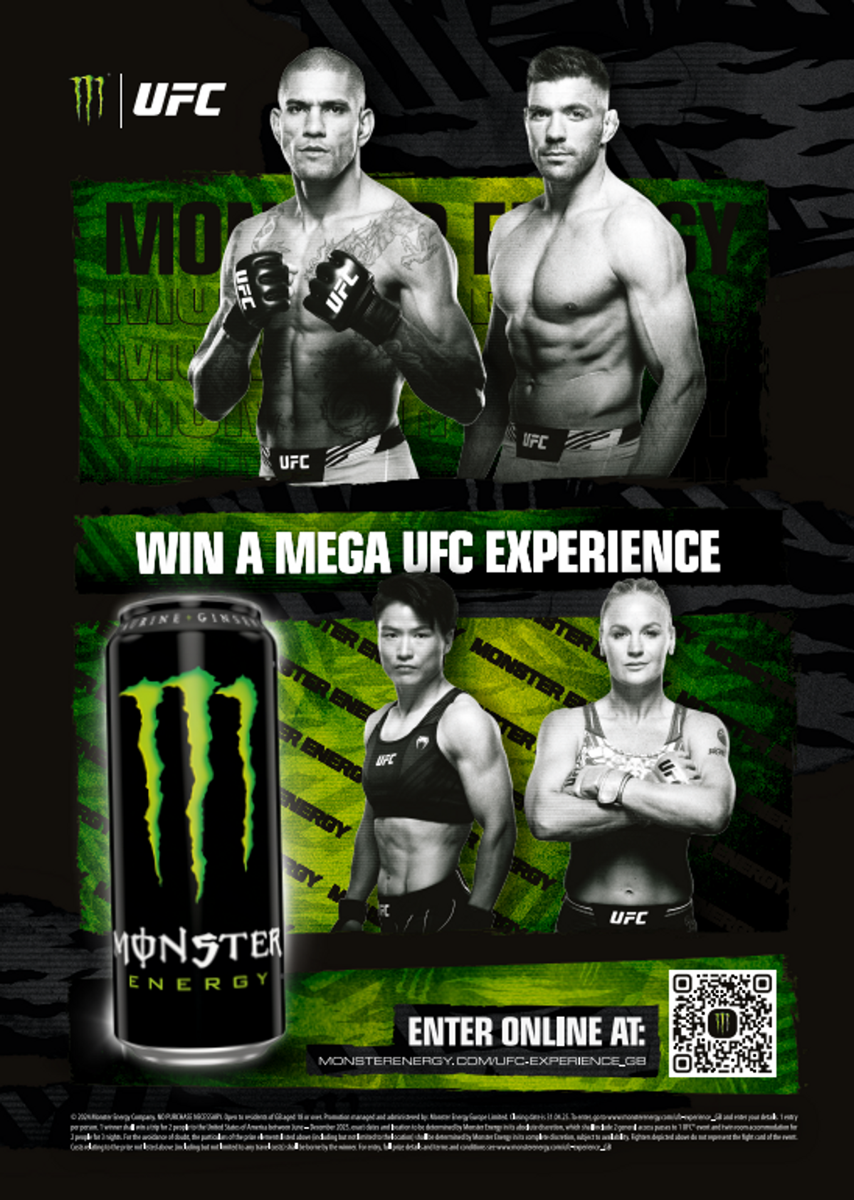 Monster Energy UFC promo display with QR code in a UK store, 2025 campaign