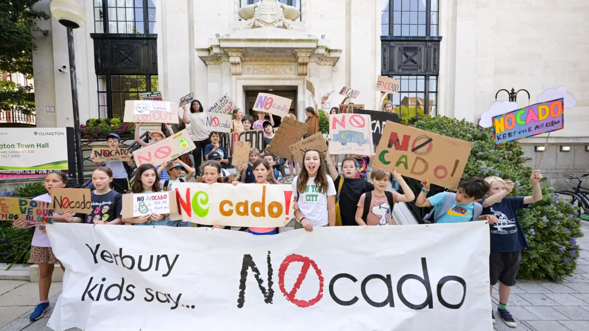 NOcado: Children take to streets in protest over plans for Ocado depot next to school