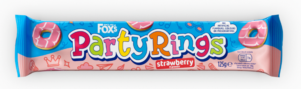 Strawberry Party Rings biscuit packaging by Fox’s