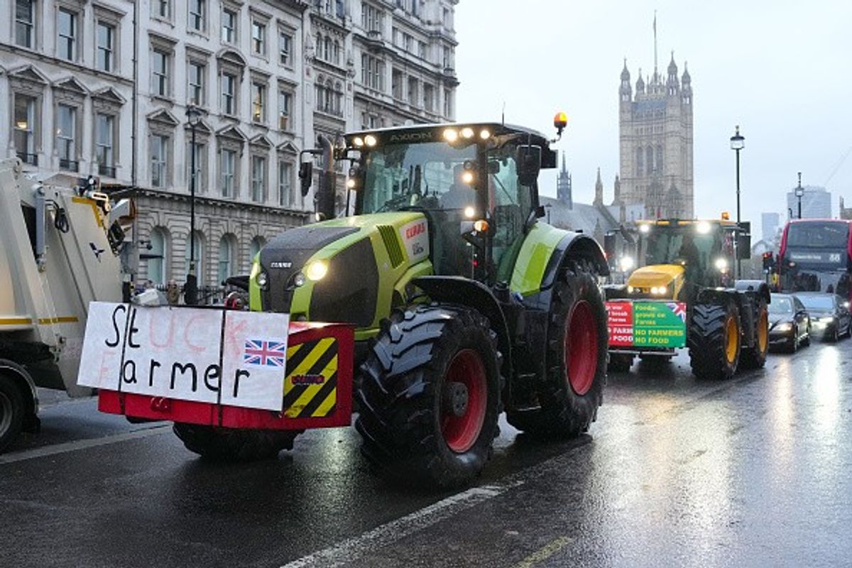 Tractors take to the streets of Westminster as demonstrators attend a farmers rally on November 19, 2024 in London, England. Thousands of farmers descended on central London to protest against changes to inheritance tax announced in the budget last month. The farmers argue that the changes will destroy family farms and that the nation's food security is at risk, while the government says that the change will likely affect only around 500 larger estate farms. (Photo by Carl Court/Getty Images)