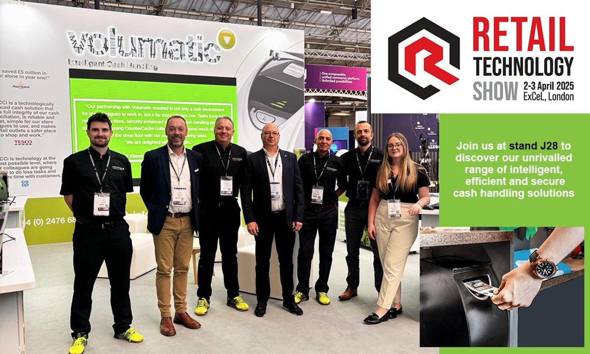 Volumatic team demonstrating CounterCache intelligent (CCi) cash handling solution at Retail Technology Show 2025, Stand J28